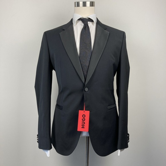 Hugo by Hugo Boss Men Wool Blend Super Flex Stretch Tuxedo Jacket Black Size 40R